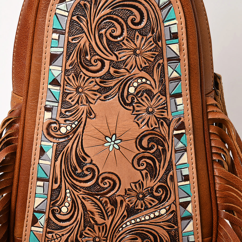 ADBG1568 American Darling Western Leather Sling Bag with Hand Tooled Floral Detailing & Fringe