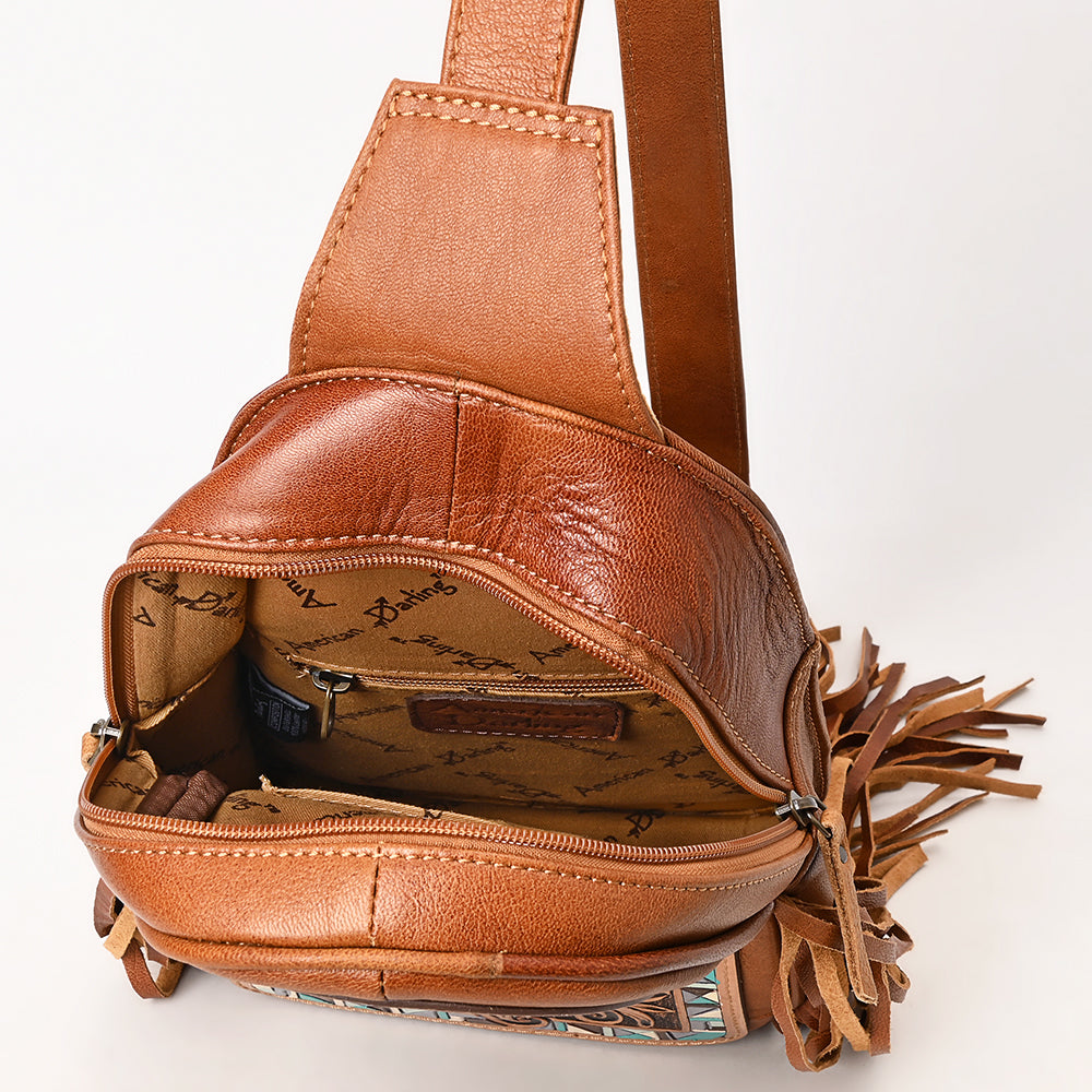 ADBG1568 American Darling Western Leather Sling Bag with Hand Tooled Floral Detailing & Fringe