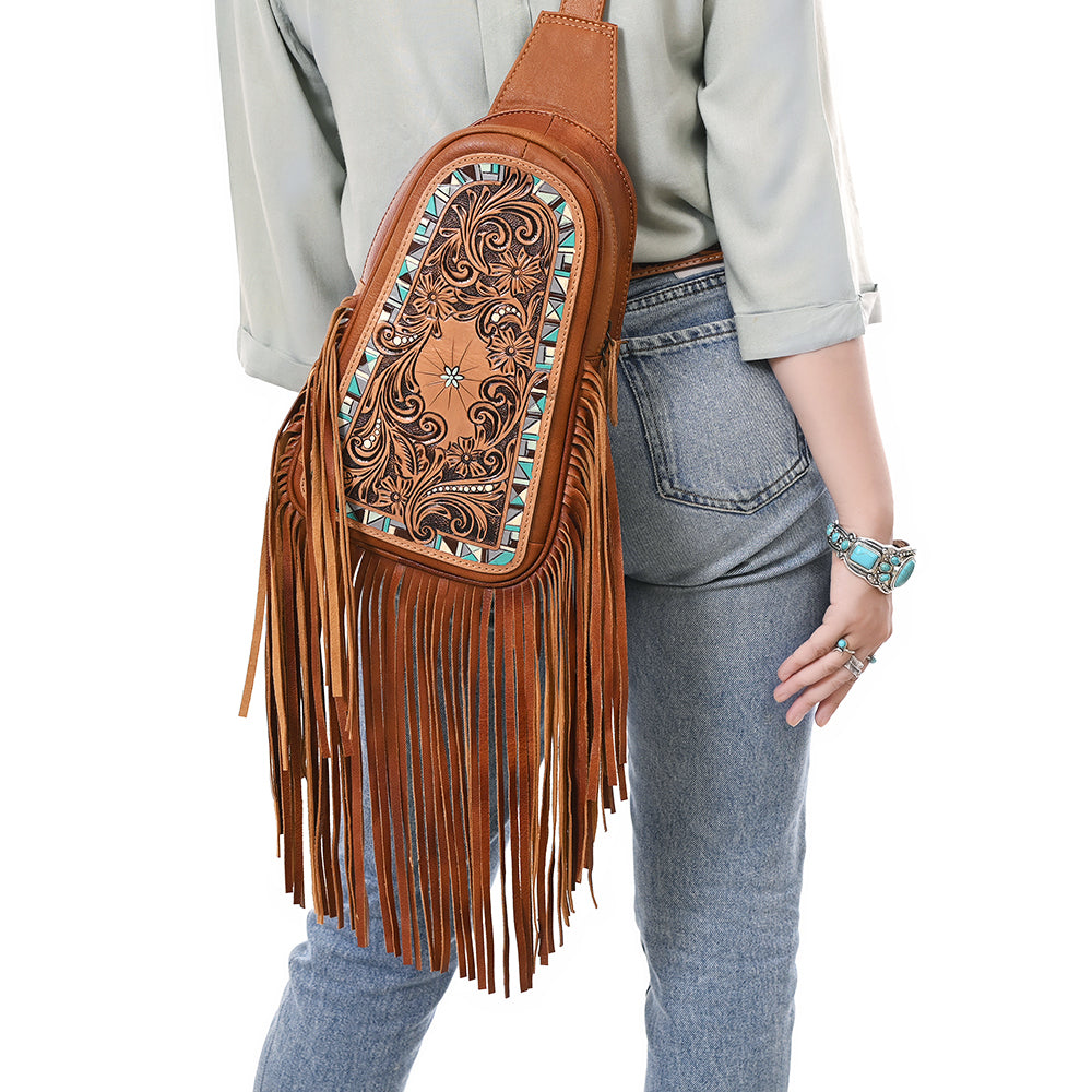 ADBG1568 American Darling Western Leather Sling Bag with Hand Tooled Floral Detailing & Fringe