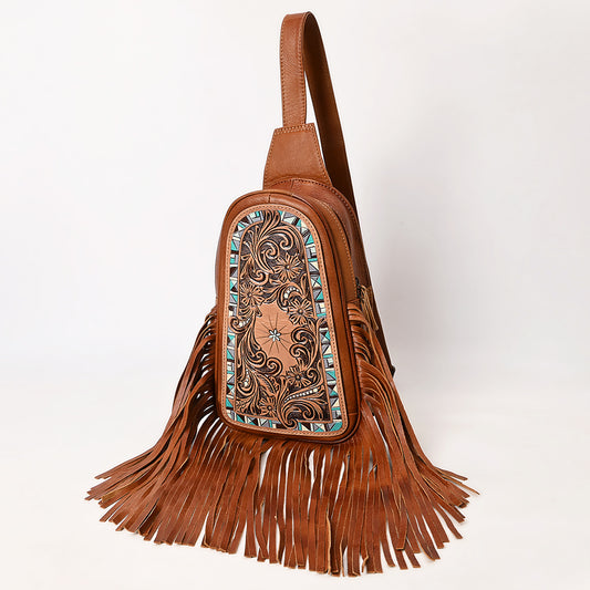 ADBG1568 American Darling Western Leather Sling Bag with Hand Tooled Floral Detailing & Fringe