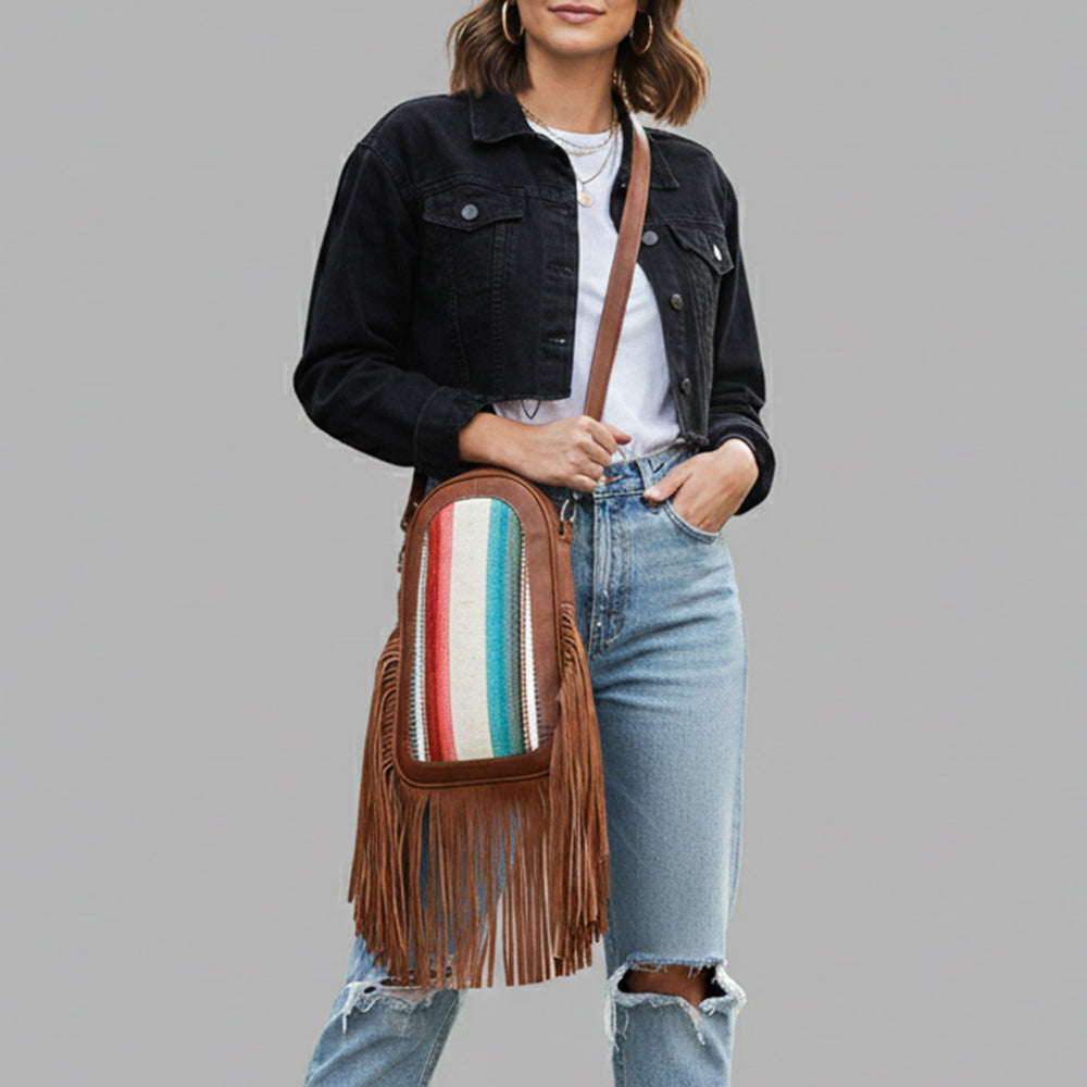 ADBG1568 American Darling Western Leather Sling Bag with Fringe and Hand Woven Saddle Blanket