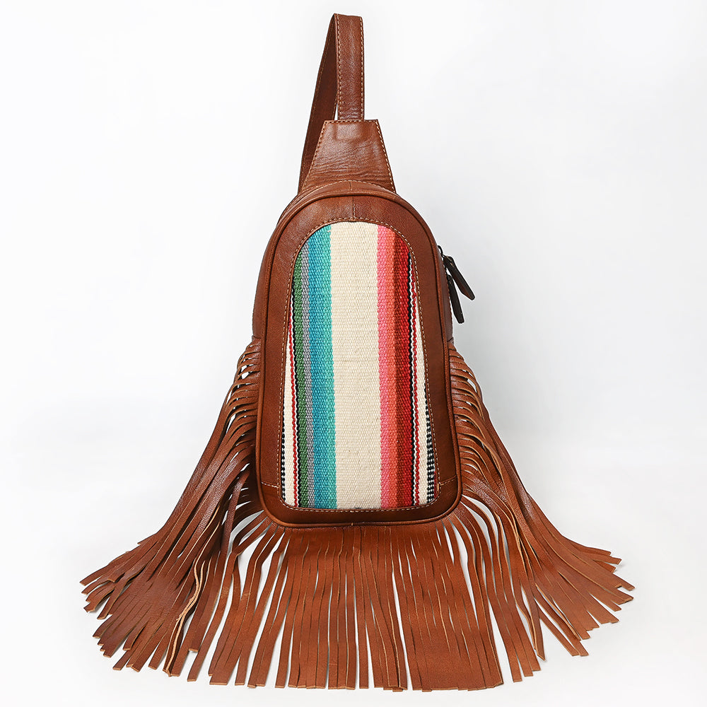 ADBG1568 American Darling Western Leather Sling Bag with Fringe and Hand Woven Saddle Blanket