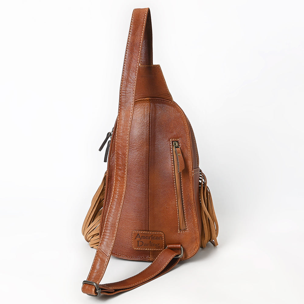 ADBG1568 American Darling Western Leather Sling Bag with Fringe and Hand Woven Saddle Blanket