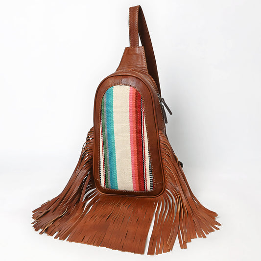 ADBG1568 American Darling Western Leather Sling Bag with Fringe and Hand Woven Saddle Blanket
