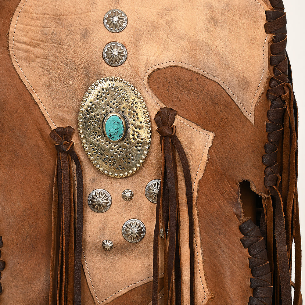 ADBGM471 Western Fringe Leather Messenger - Sculpted Flap with Turquoise Medallion & Concho Accents