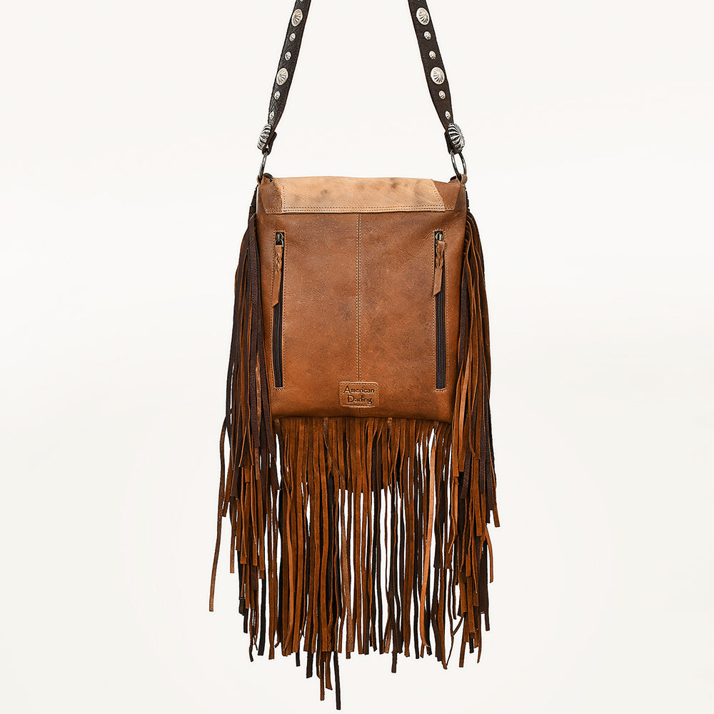 ADBGM471 Western Fringe Leather Messenger - Sculpted Flap with Turquoise Medallion & Concho Accents