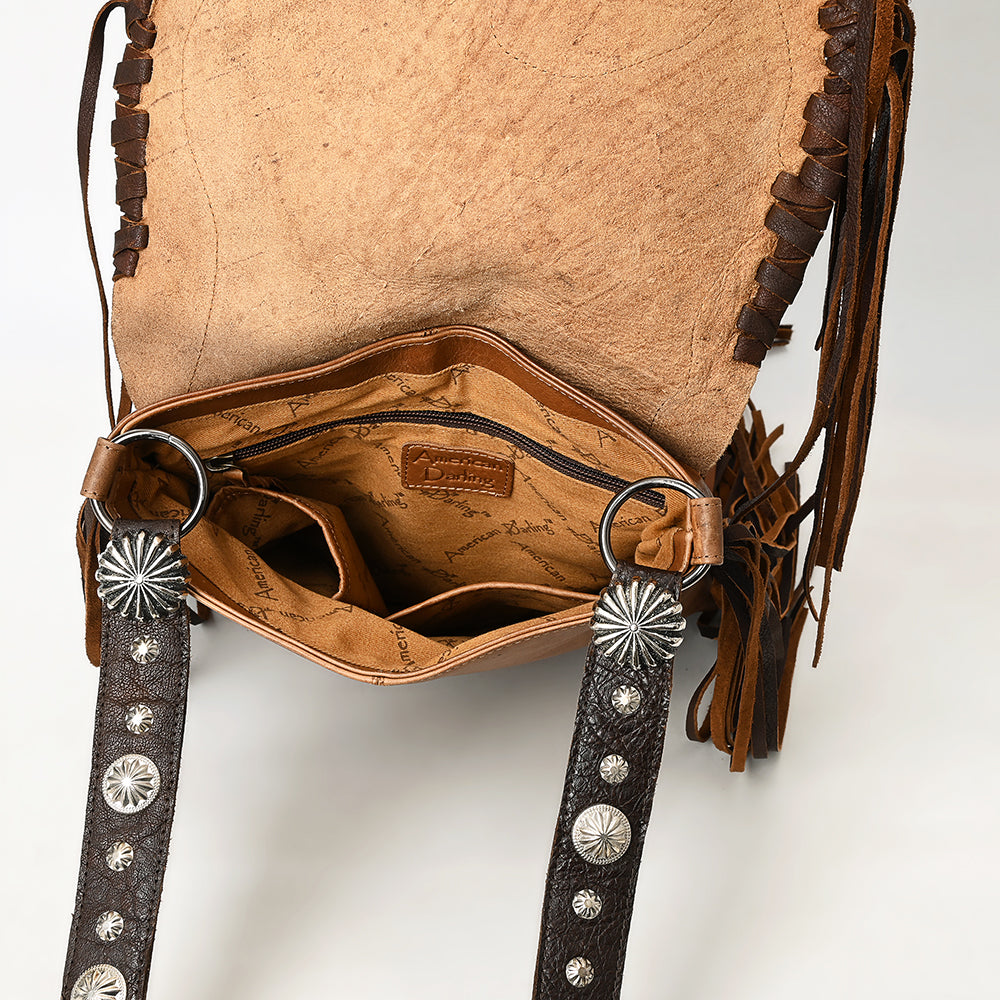 ADBGM471 Western Fringe Leather Messenger - Sculpted Flap with Turquoise Medallion & Concho Accents