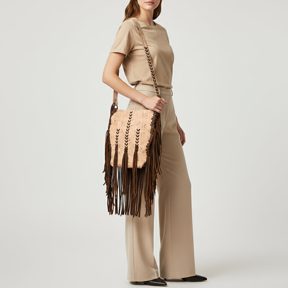 ADBGM472 Western Boho Leather Fringe Messenger Bag - Distressed Flap with Hand-Laced Detailing