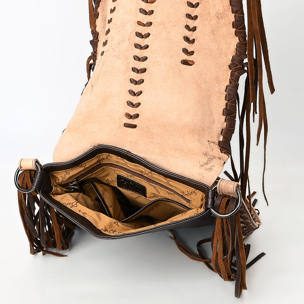 ADBGM472 Western Boho Leather Fringe Messenger Bag - Distressed Flap with Hand-Laced Detailing