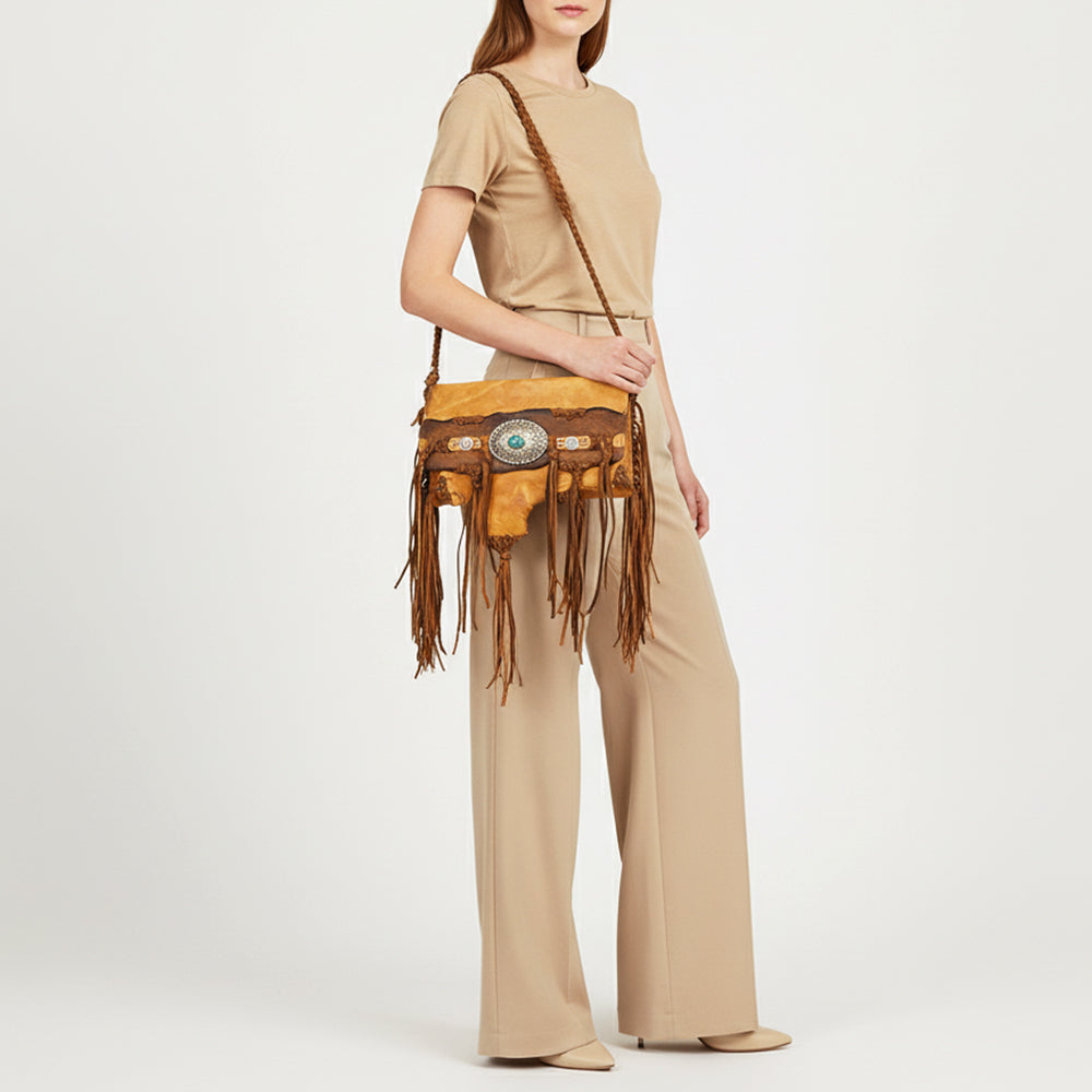 ADBGM474 Western Fringe Leather Wallet Bag - Rawhide Style with Turquoise Concho & Braided Strap