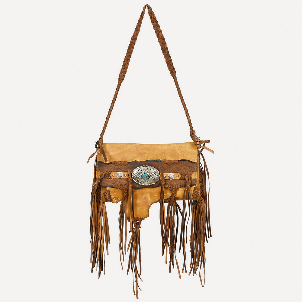 ADBGM474 Western Fringe Leather Wallet Bag - Rawhide Style with Turquoise Concho & Braided Strap