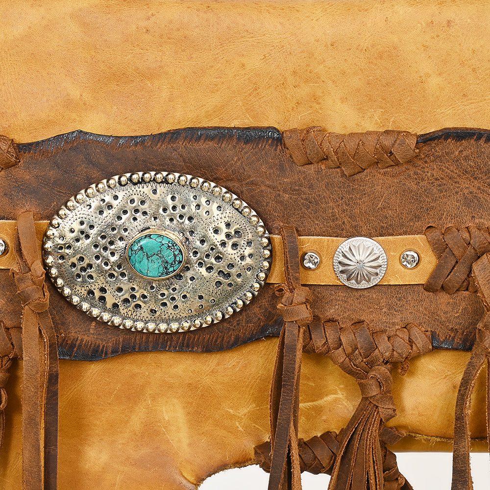 ADBGM474 Western Fringe Leather Wallet Bag - Rawhide Style with Turquoise Concho & Braided Strap