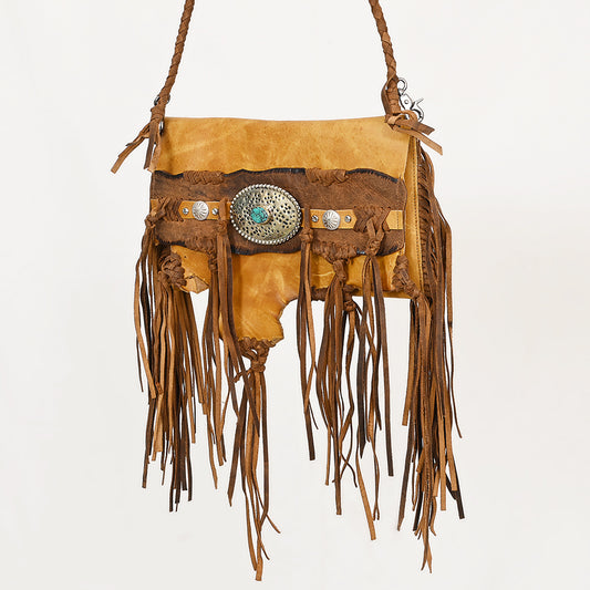 ADBGM474 Western Fringe Leather Wallet Bag - Rawhide Style with Turquoise Concho & Braided Strap