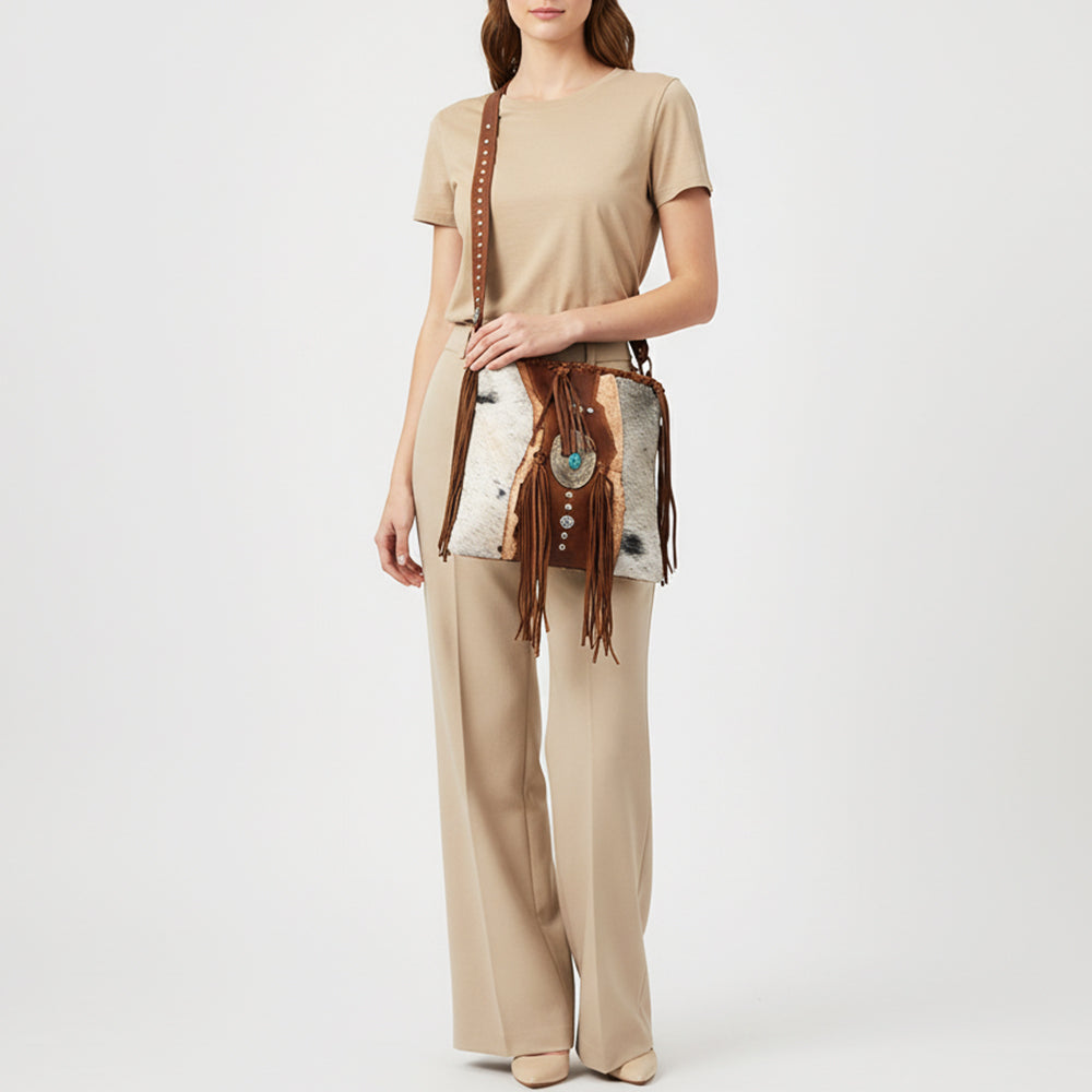 ADBGM476 Cowhide & Leather Fringe Messenger Bag - Crescent Concho with Turquoise & Studded Strap