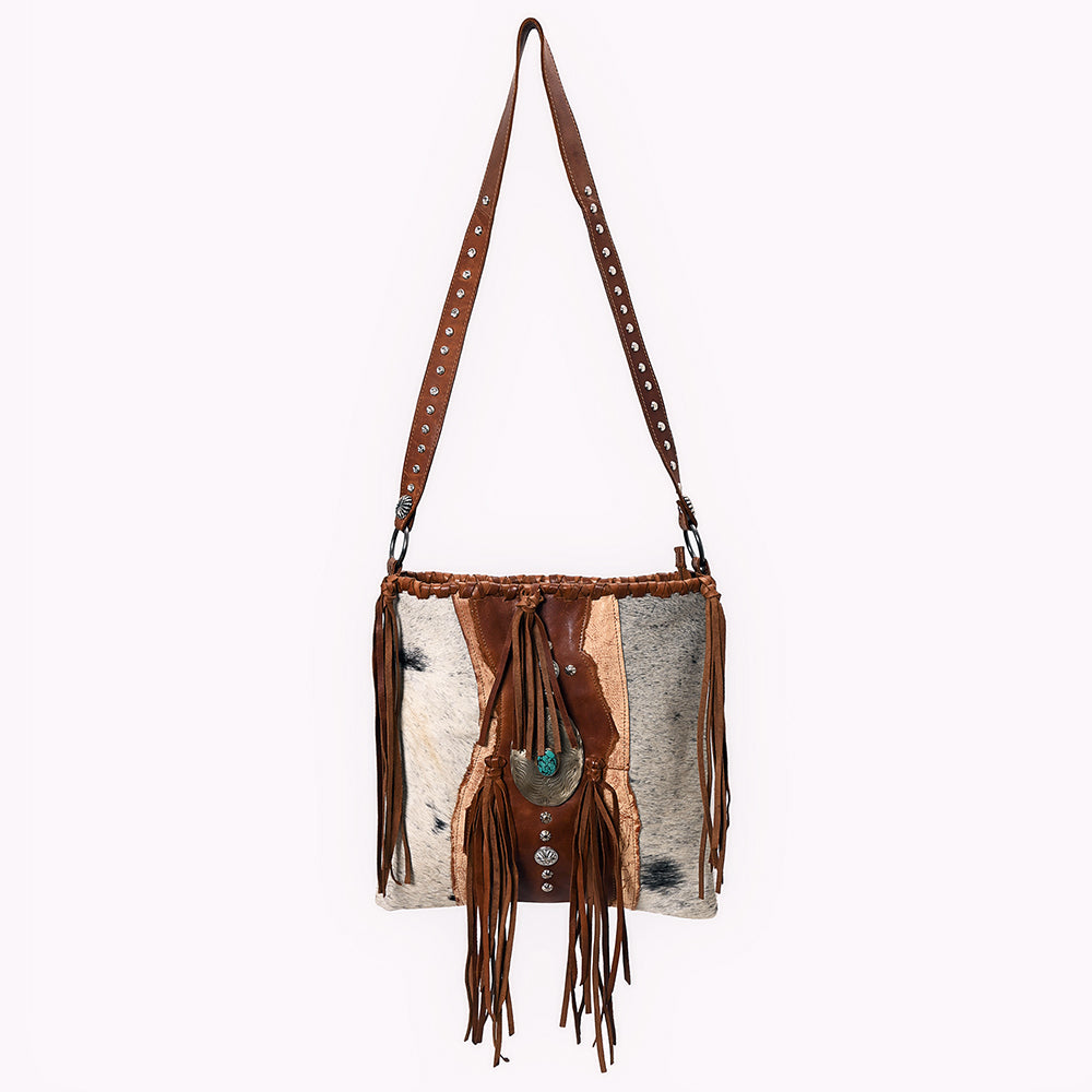 ADBGM476 Cowhide & Leather Fringe Messenger Bag - Crescent Concho with Turquoise & Studded Strap