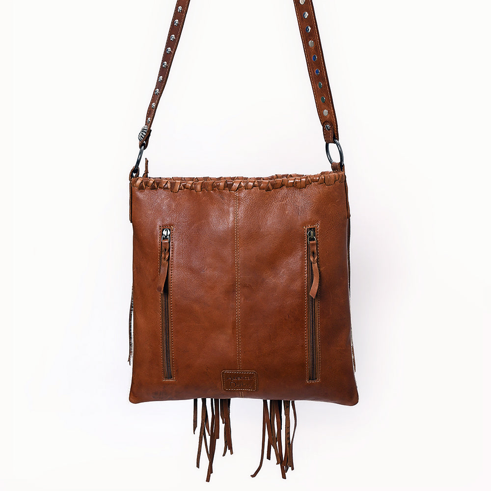 ADBGM476 Cowhide & Leather Fringe Messenger Bag - Crescent Concho with Turquoise & Studded Strap