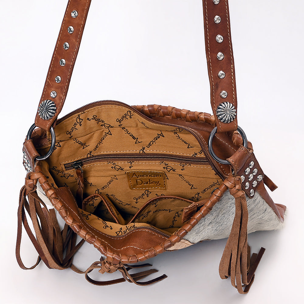 ADBGM476 Cowhide & Leather Fringe Messenger Bag - Crescent Concho with Turquoise & Studded Strap