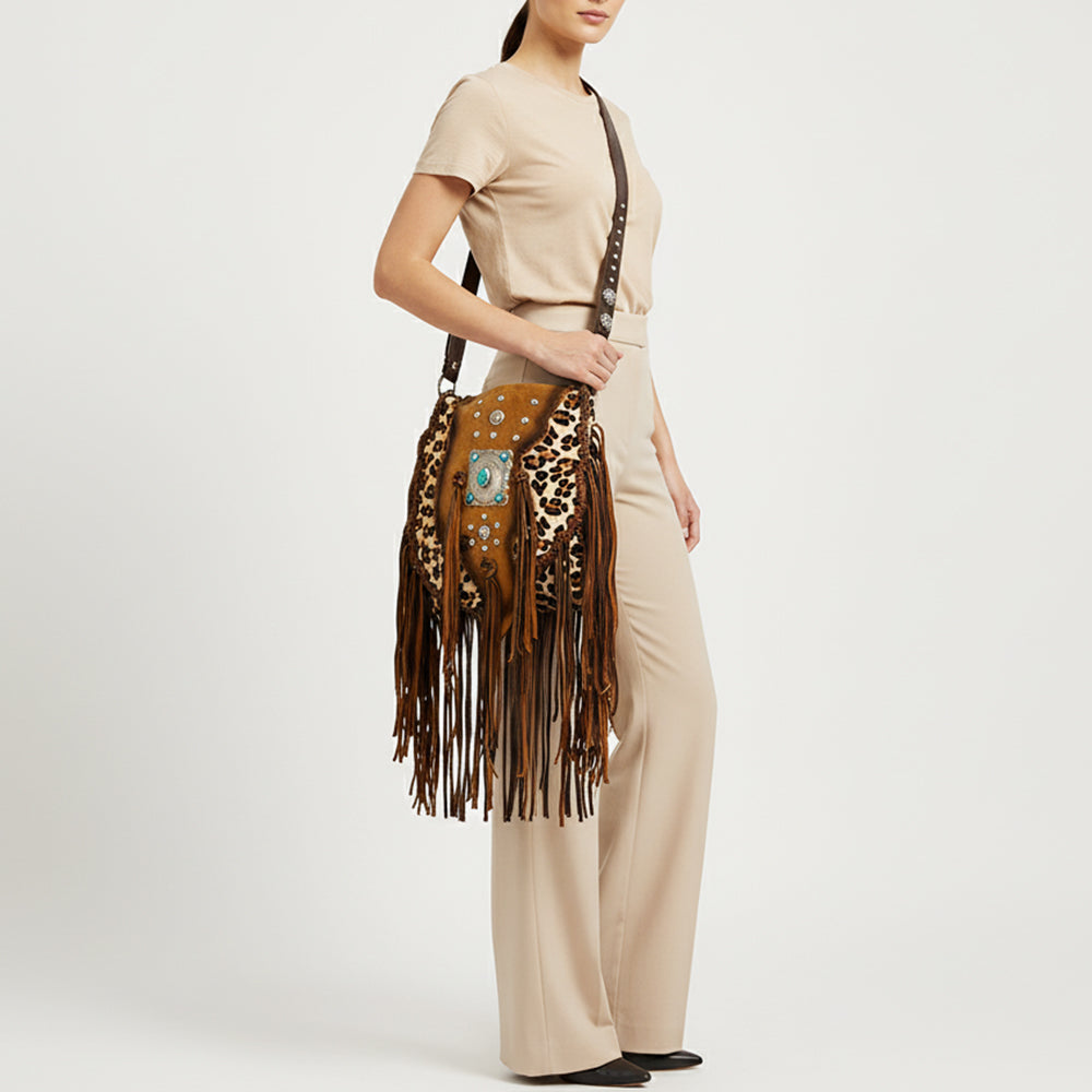 ADBGM477 Cowhide & Leather Western Fringe Messenger Bag - Western Concho Bag with Turquoise Accent