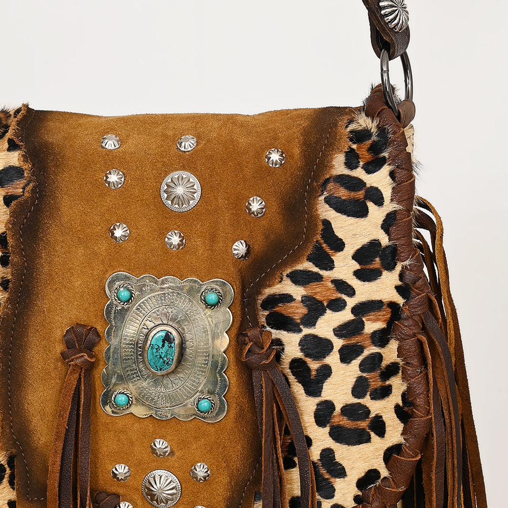 ADBGM477 Cowhide & Leather Western Fringe Messenger Bag - Western Concho Bag with Turquoise Accent