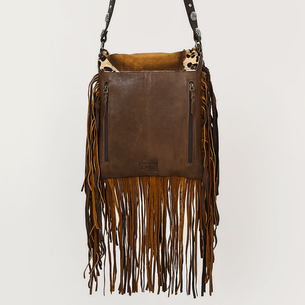 ADBGM477 Cowhide & Leather Western Fringe Messenger Bag - Western Concho Bag with Turquoise Accent