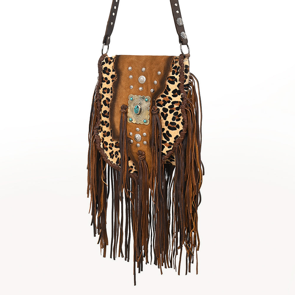 ADBGM477 Cowhide & Leather Western Fringe Messenger Bag - Western Concho Bag with Turquoise Accent