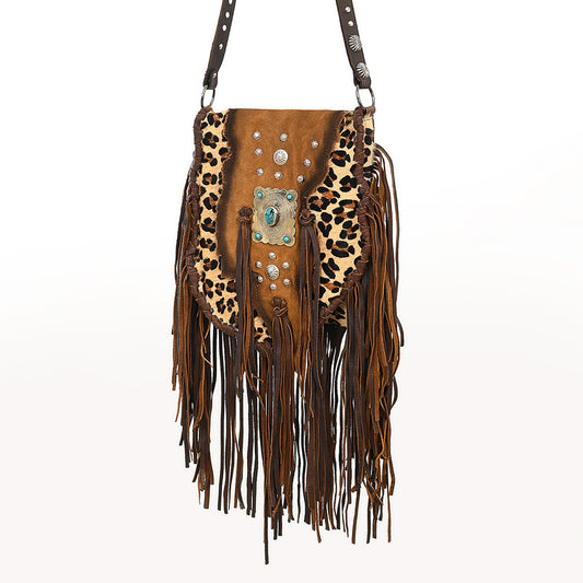 ADBGM477 Cowhide & Leather Western Fringe Messenger Bag - Western Concho Bag with Turquoise Accent