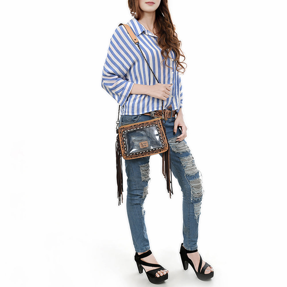 ADBGZ874 Clear Fringe Crossbody Bag with Tooled Leather Trim | American Darling