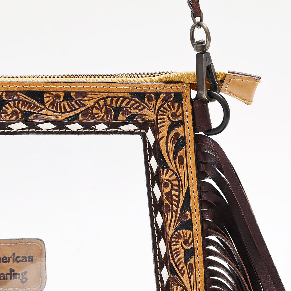 ADBGZ874 Clear Fringe Crossbody Bag with Tooled Leather Trim | American Darling