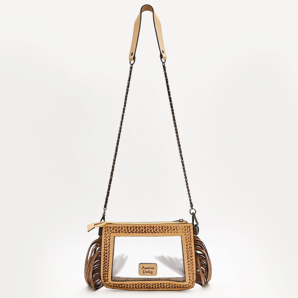 ADBGZ874 Clear Fringe Crossbody Bag with Tooled Leather Trim | American Darling