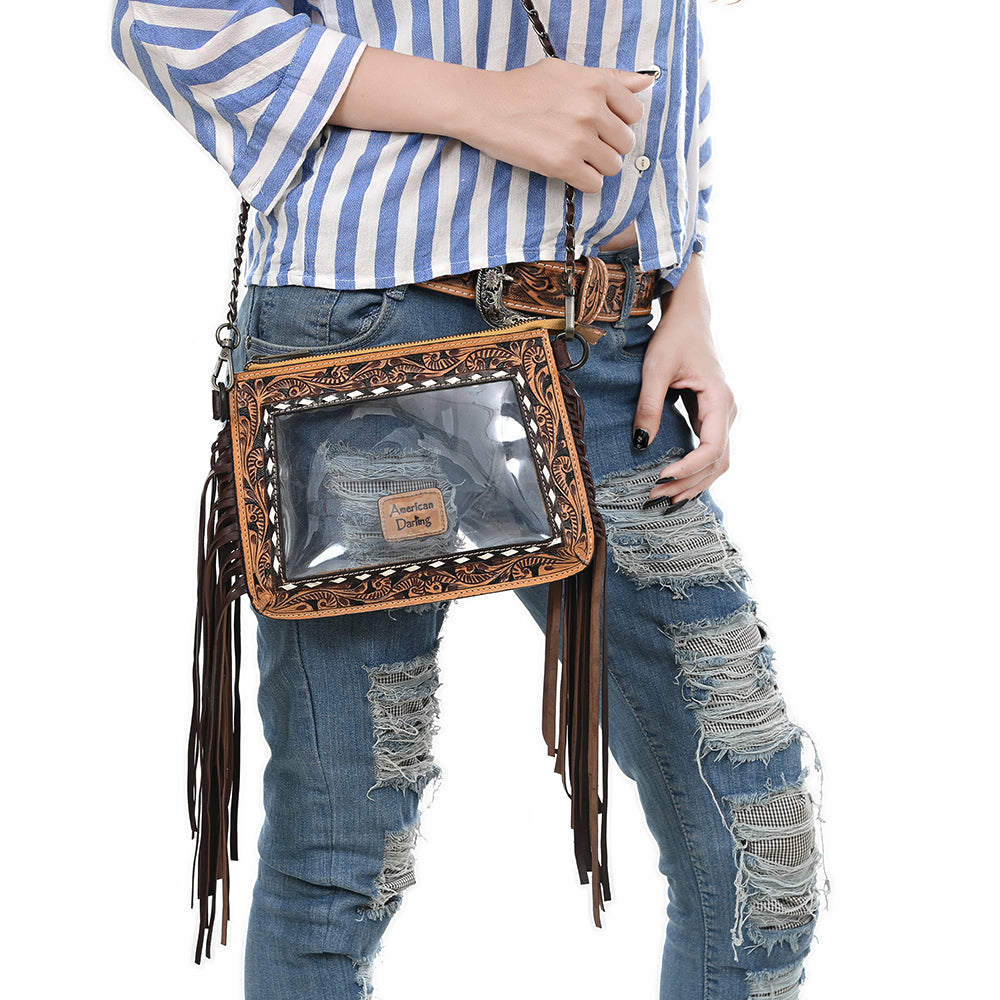 ADBGZ874 Clear Fringe Crossbody Bag with Tooled Leather Trim | American Darling
