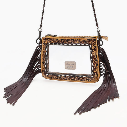 ADBGZ874 Clear Fringe Crossbody Bag with Tooled Leather Trim | American Darling