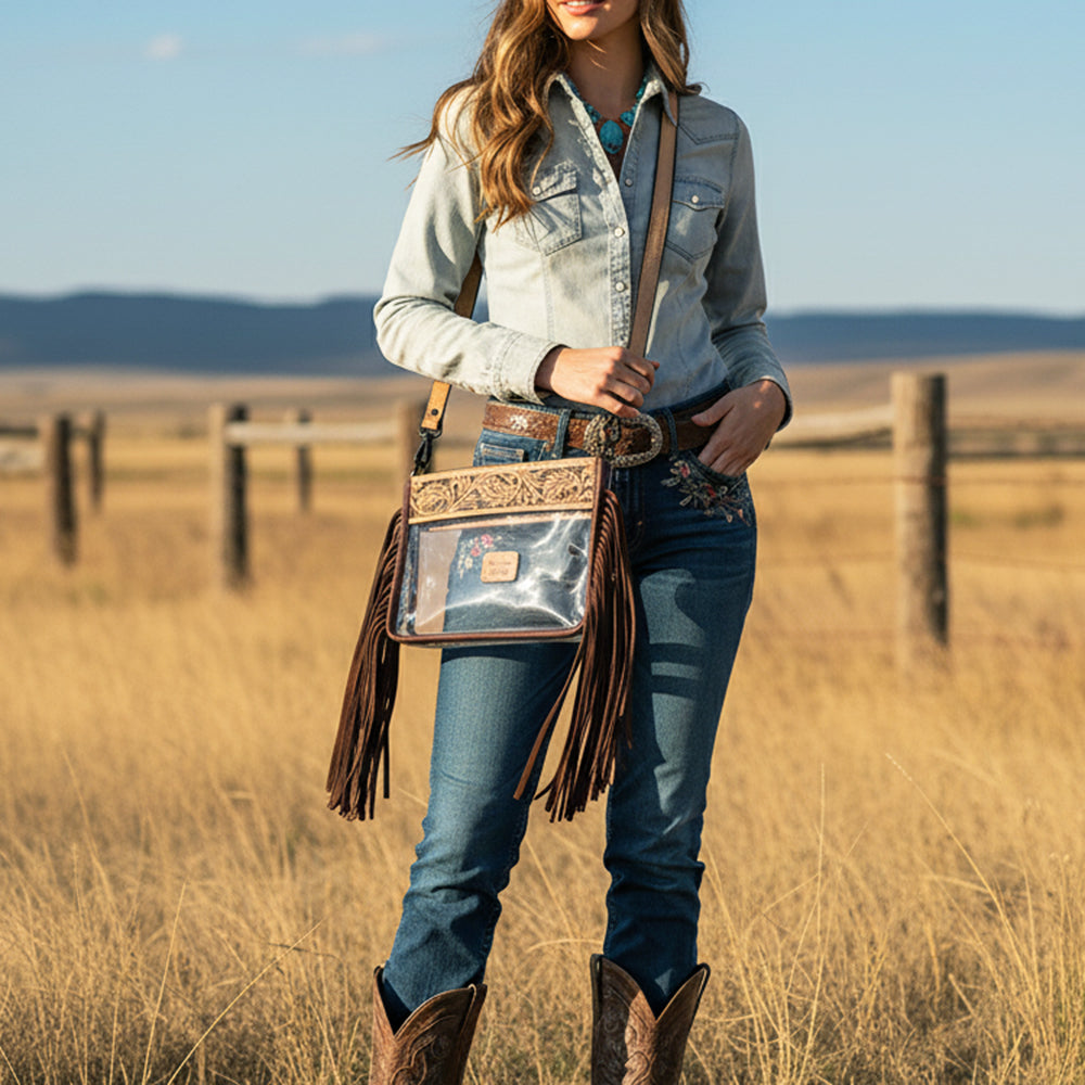 ADBGZ876 Clear Stadium Fringe Crossbody Bag | Hand-Tooled Leather by American Darling