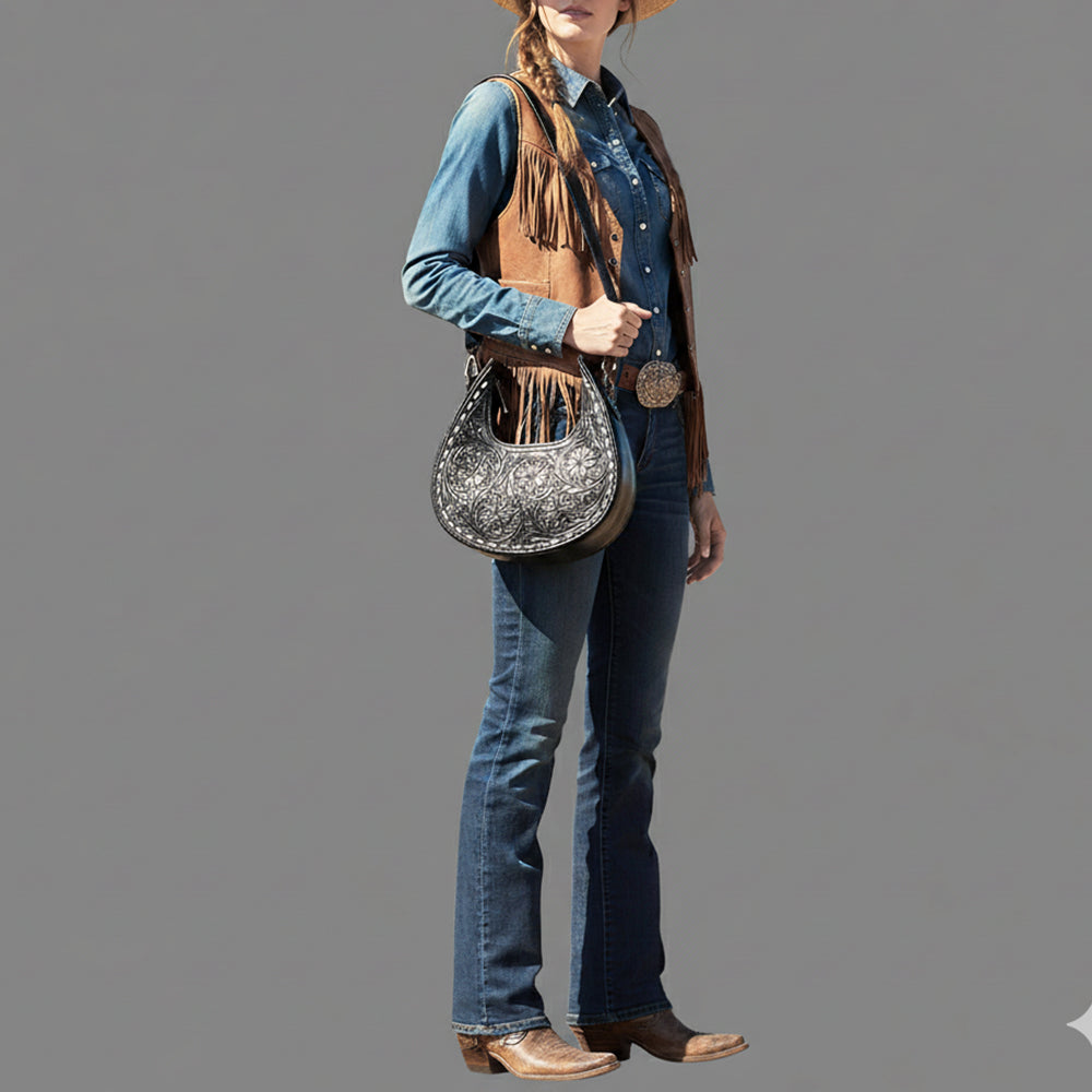 ADBGZ878B Black Half-Moon Hand-Tooled Leather Hobo Bag | American Darling