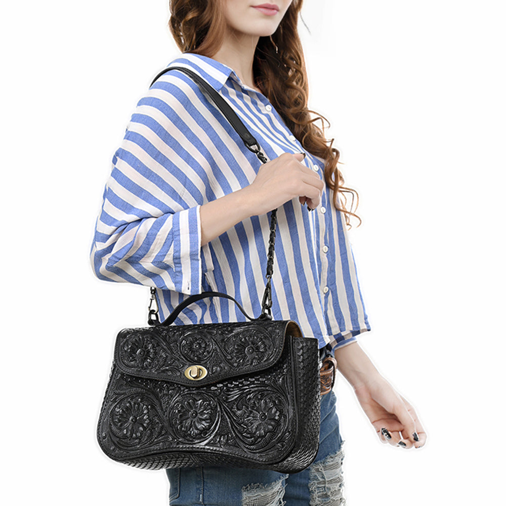 ADBGZ880 Black Hand-Tooled Leather crossbody Bag with Chain Strap | American Darling