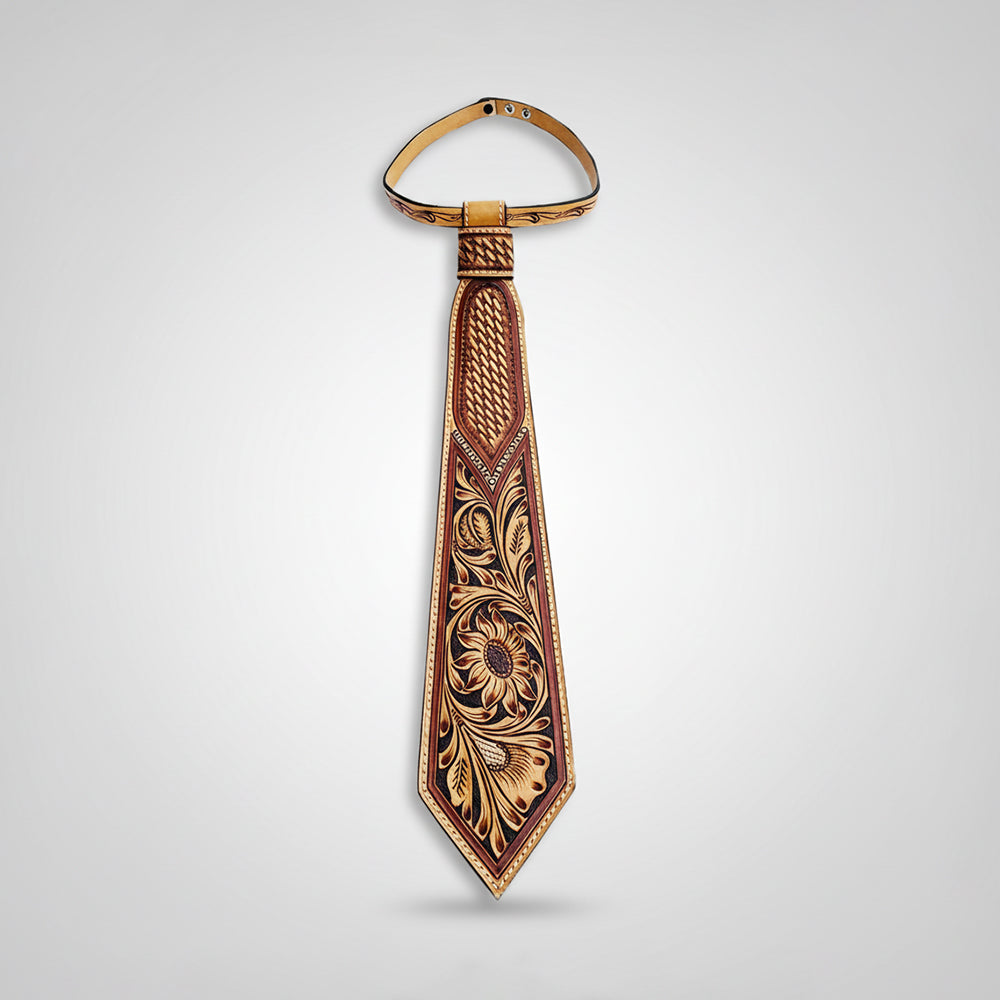 ADTI104 American Darling Hand Tooled Leather Tie - Floral Carved Vegetable-Tanned Western Neckwear