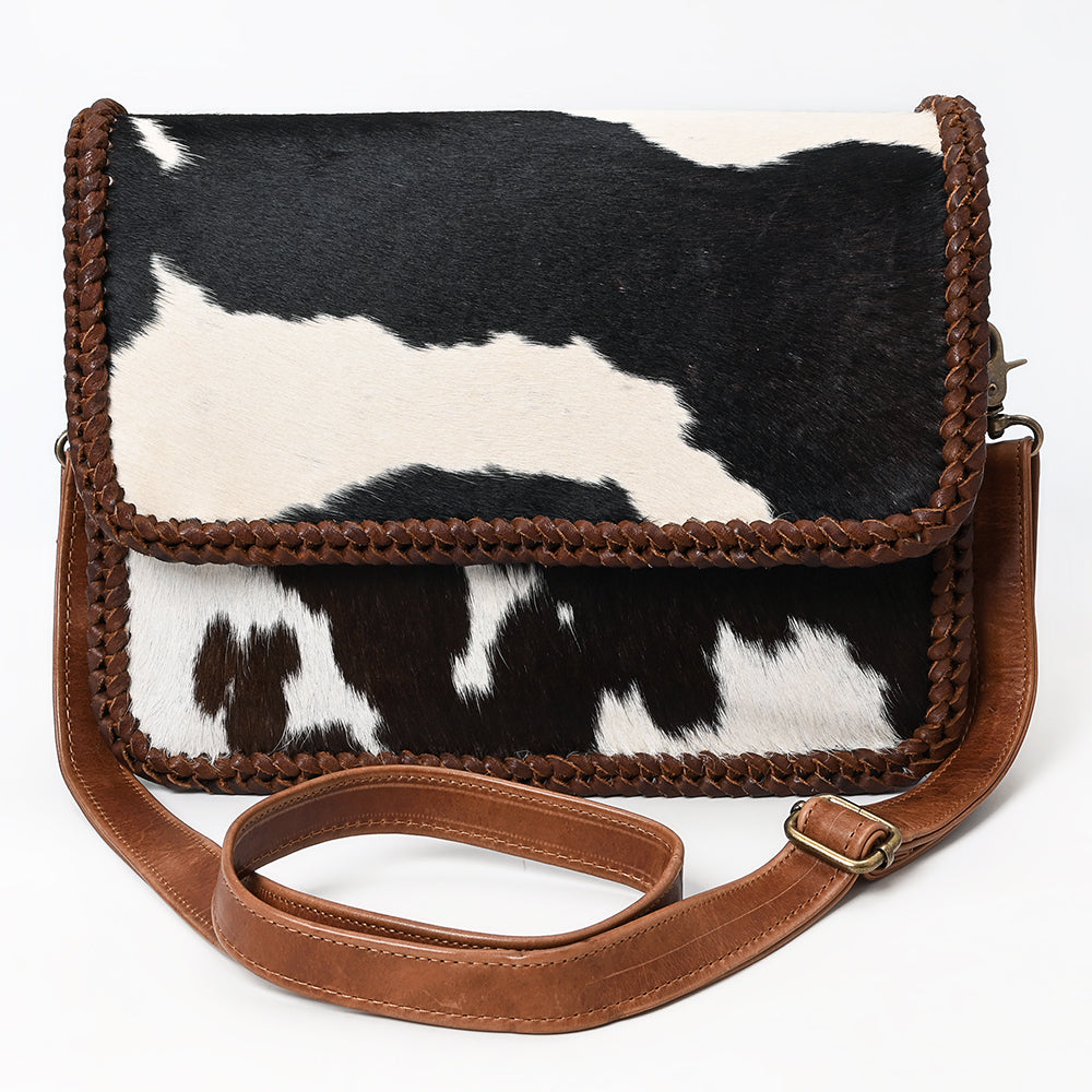 ADBGM480 Black & White Cowhide Crossbody Bag - Western Flapover with Braided Leather Trim