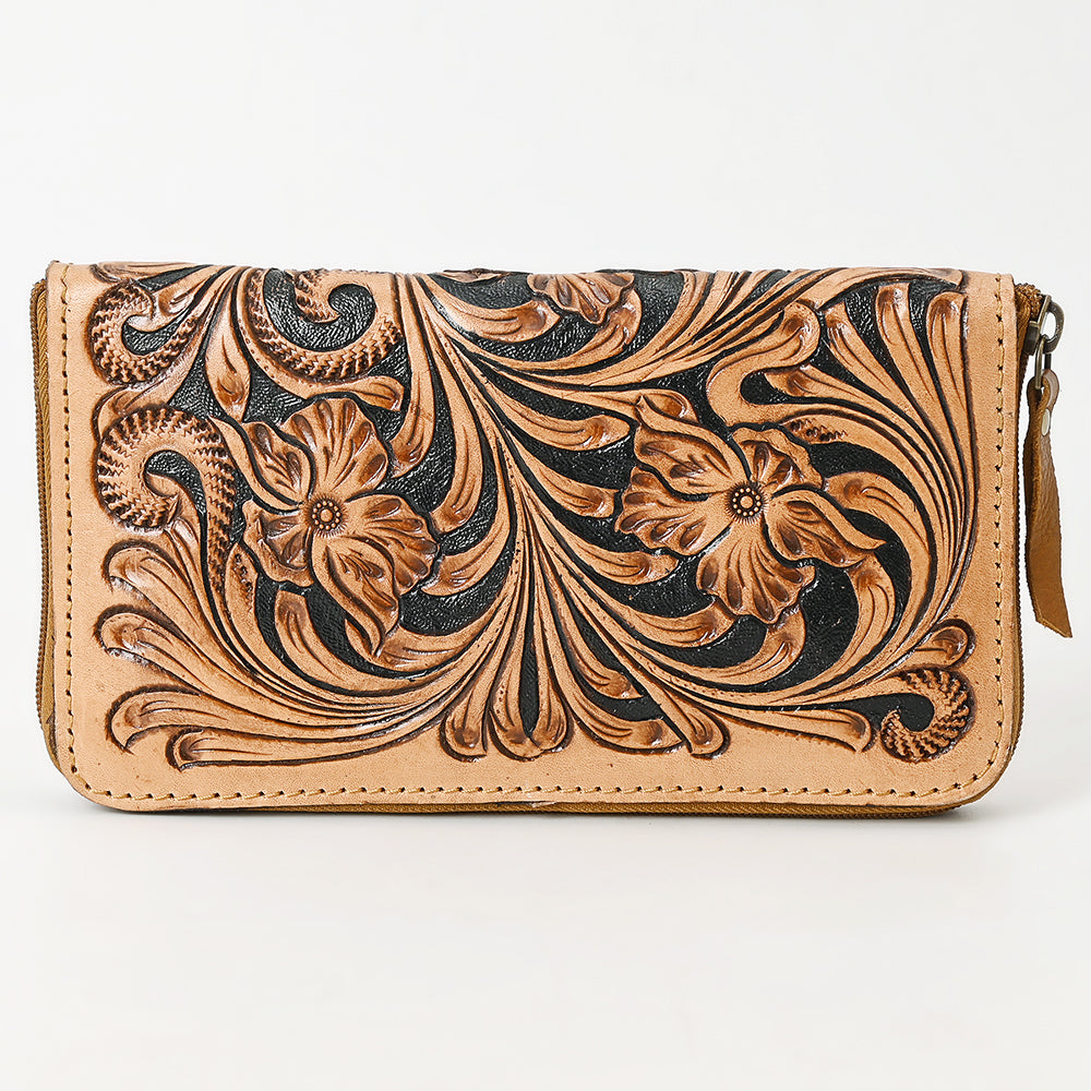 ADBGA629 Hand-Tooled Leather Wallet with Floral Scrollwork & Zip Closure