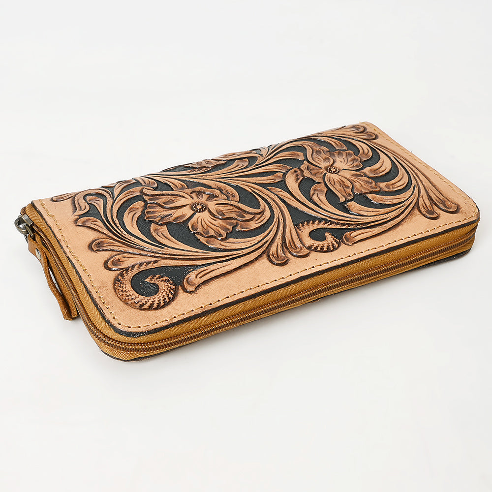ADBGA629 Hand-Tooled Leather Wallet with Floral Scrollwork & Zip Closure