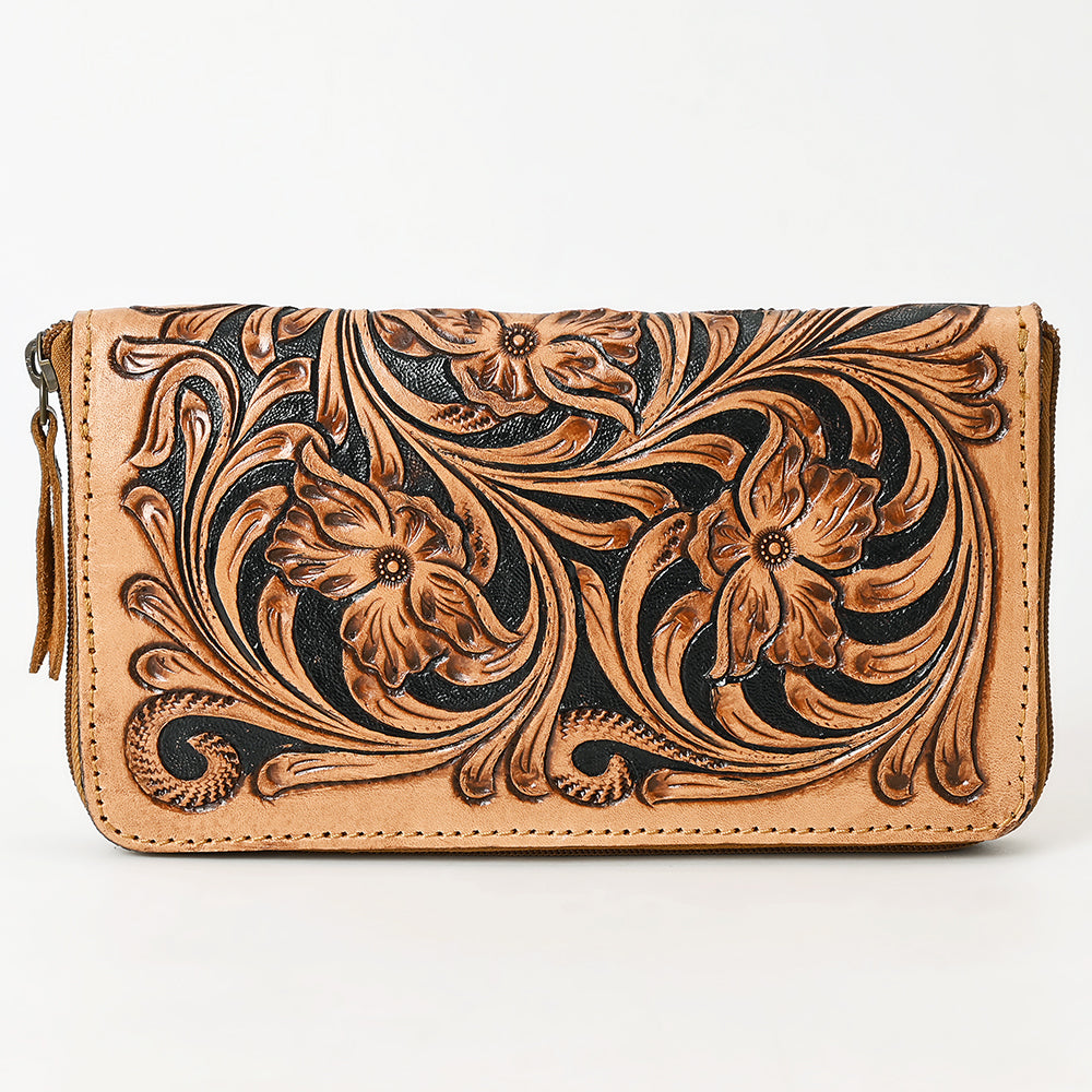 ADBGA629 Hand-Tooled Leather Wallet with Floral Scrollwork & Zip Closure