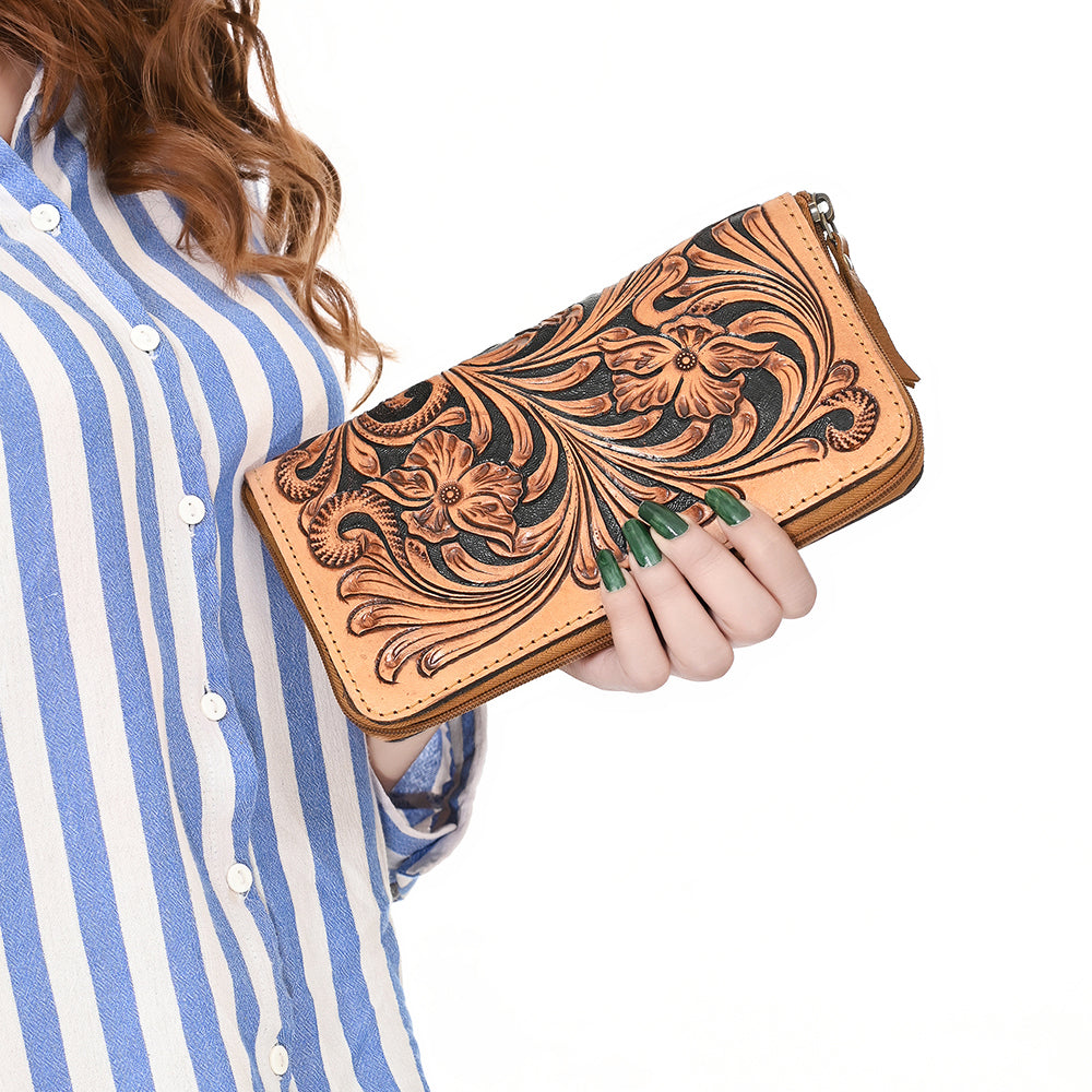 ADBGA629 Hand-Tooled Leather Wallet with Floral Scrollwork & Zip Closure