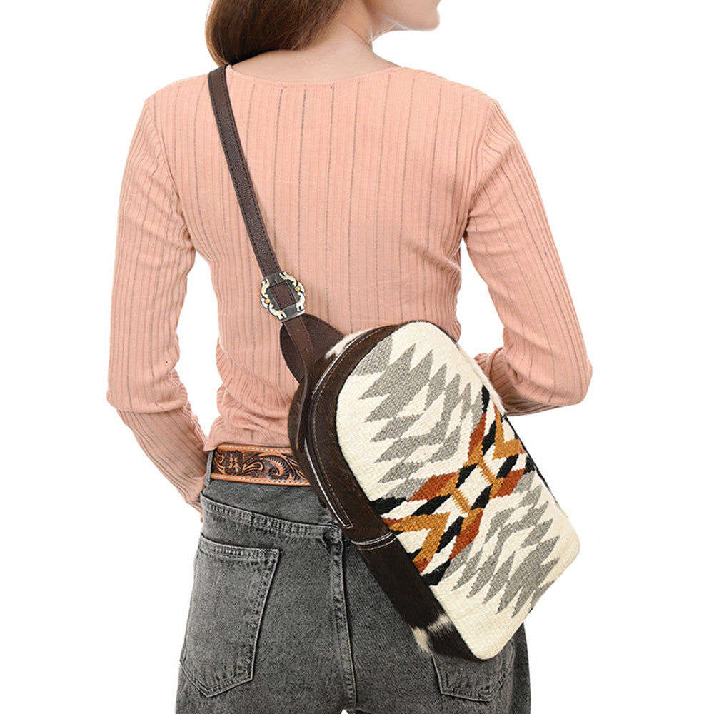 ADBGA631 Southwestern Wool Crossbody Sling Backpack with Cowhide & Buckle Strap