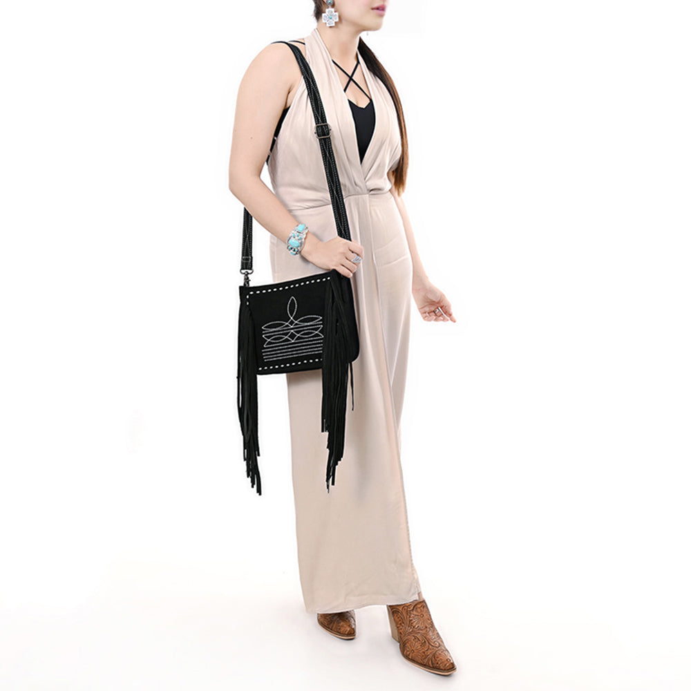 ADBG1572A American Darling Black Genuine Suede Leather Crossbody Bag with Fringe & Buck Stitch Detailing