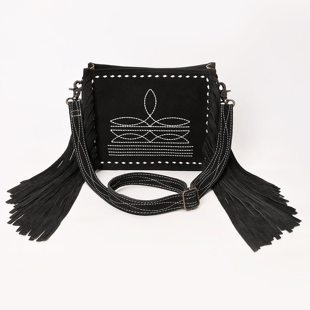 ADBG1572A American Darling Black Genuine Suede Leather Crossbody Bag with Fringe & Buck Stitch Detailing