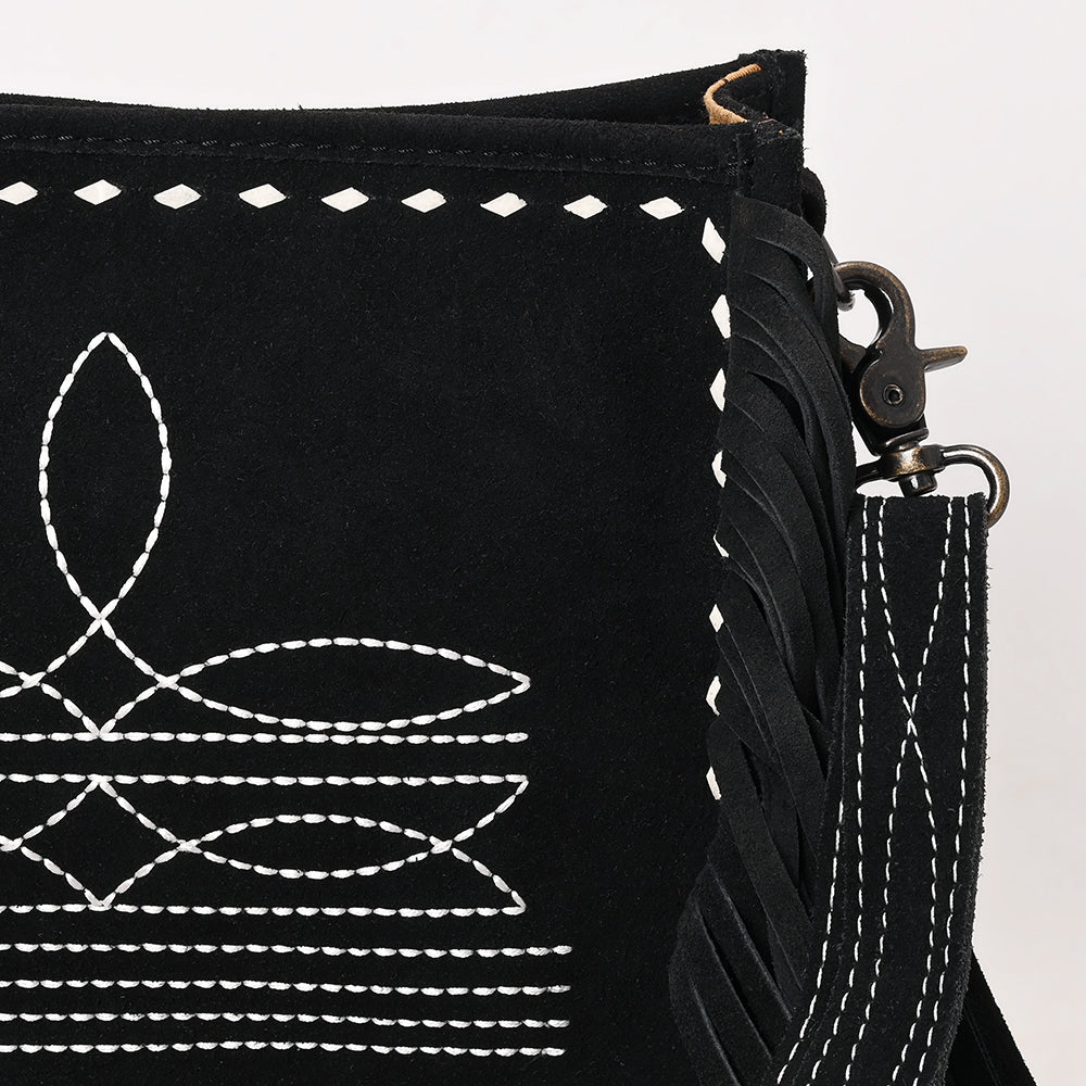 ADBG1572A American Darling Black Genuine Suede Leather Crossbody Bag with Fringe & Buck Stitch Detailing