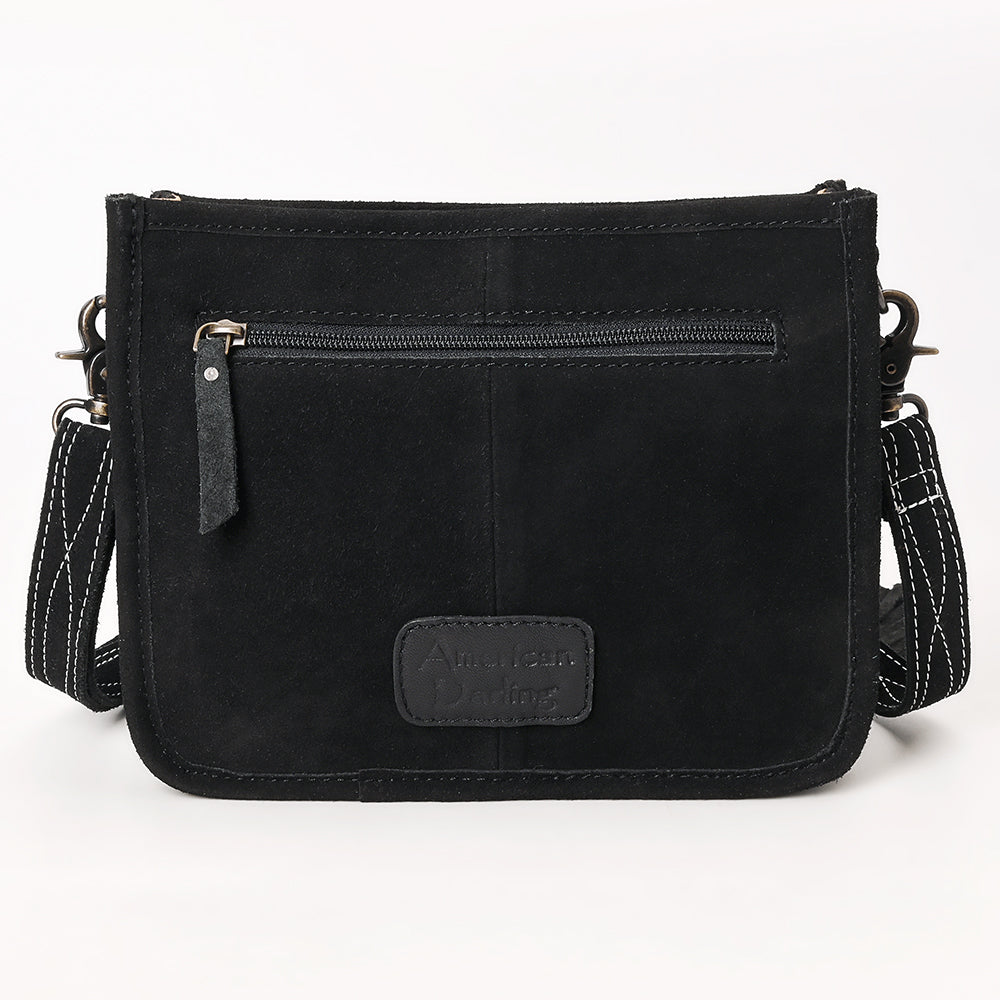 ADBG1572A American Darling Black Genuine Suede Leather Crossbody Bag with Fringe & Buck Stitch Detailing
