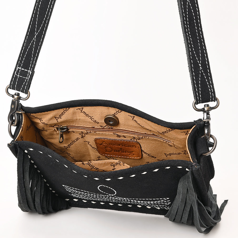 ADBG1572A American Darling Black Genuine Suede Leather Crossbody Bag with Fringe & Buck Stitch Detailing