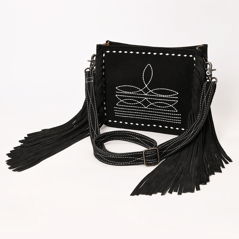 ADBG1572A American Darling Black Genuine Suede Leather Crossbody Bag with Fringe & Buck Stitch Detailing