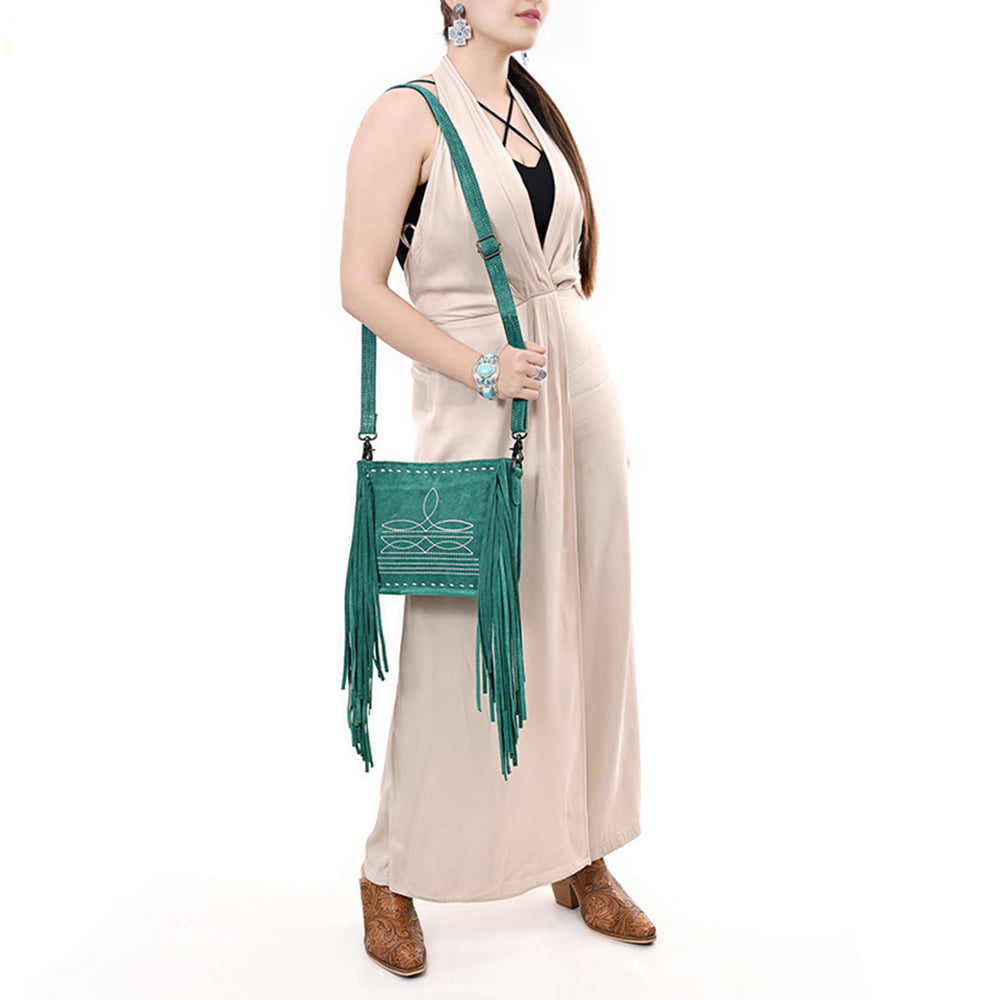 ADBG1572 American Darling Western Genuine Suede Leather Crossbody Bag with Fringe & Buck Stitch Detailing