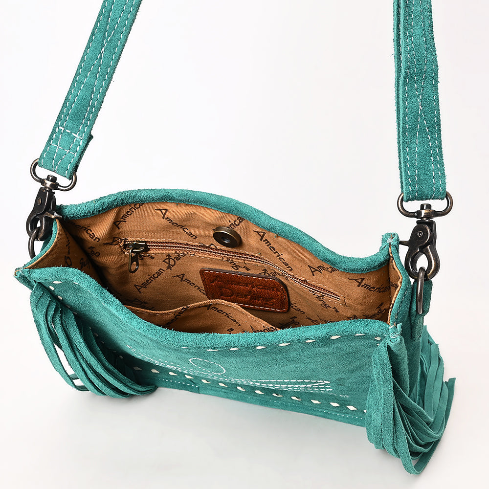 ADBG1572 American Darling Western Genuine Suede Leather Crossbody Bag with Fringe & Buck Stitch Detailing