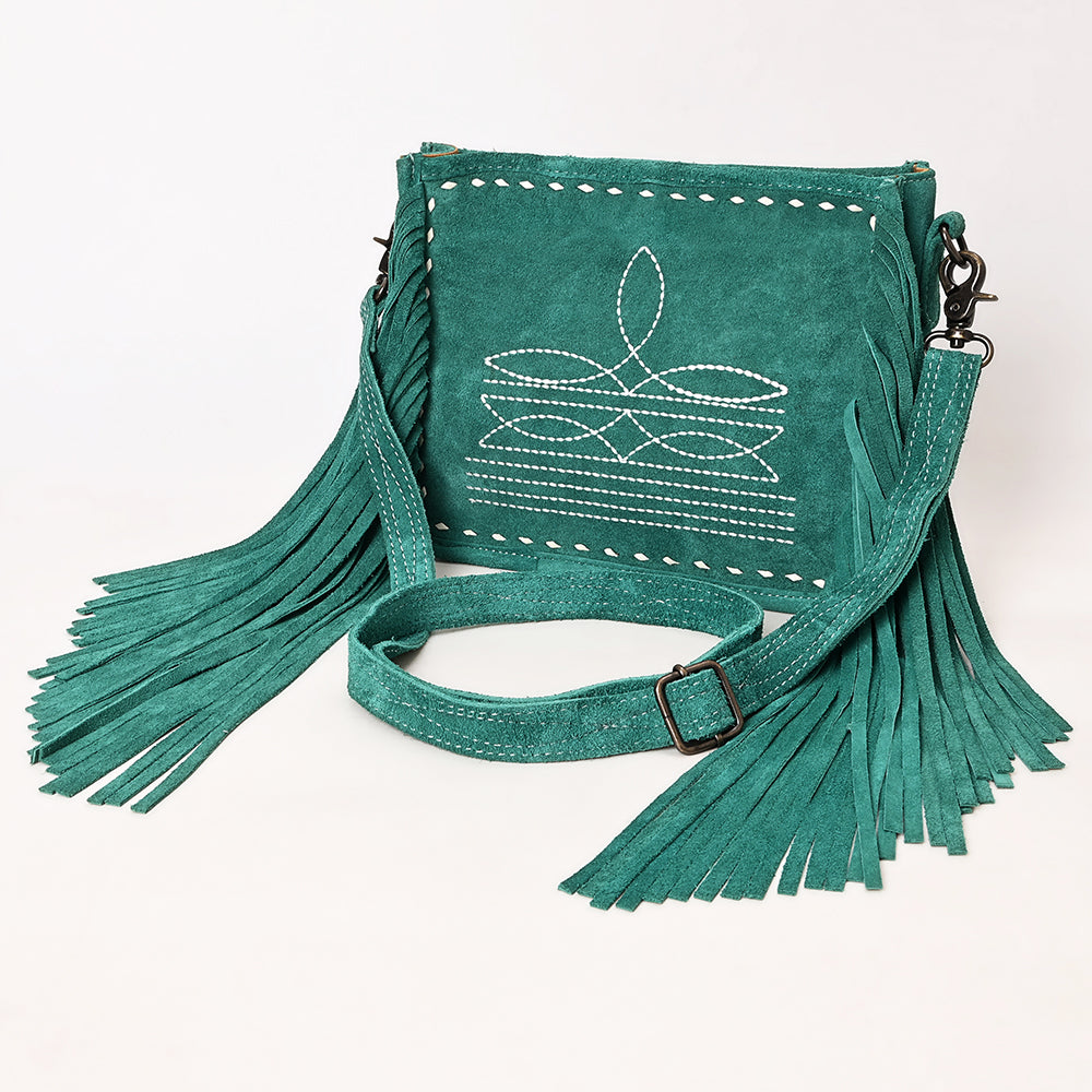 ADBG1572 American Darling Western Genuine Suede Leather Crossbody Bag with Fringe & Buck Stitch Detailing